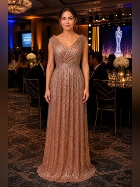 #10-13 Elegant Copper V-Neck Evening Gown Size 6/Small